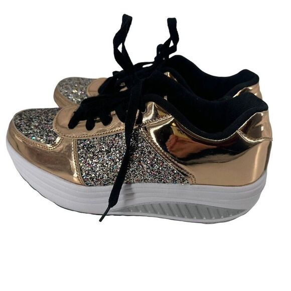 Glitter Metallic Rocking Sneakers Fashion Rose Gold Rainbow Glitter US Size 7 - Picture 3 of 10